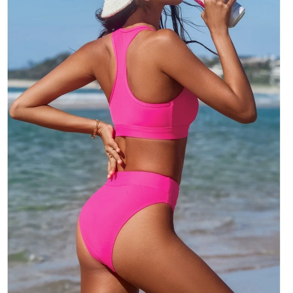 Cupshe Hot Pink Bikini Set Top Small Bottom Medium Ribbed Racerback High Waisted